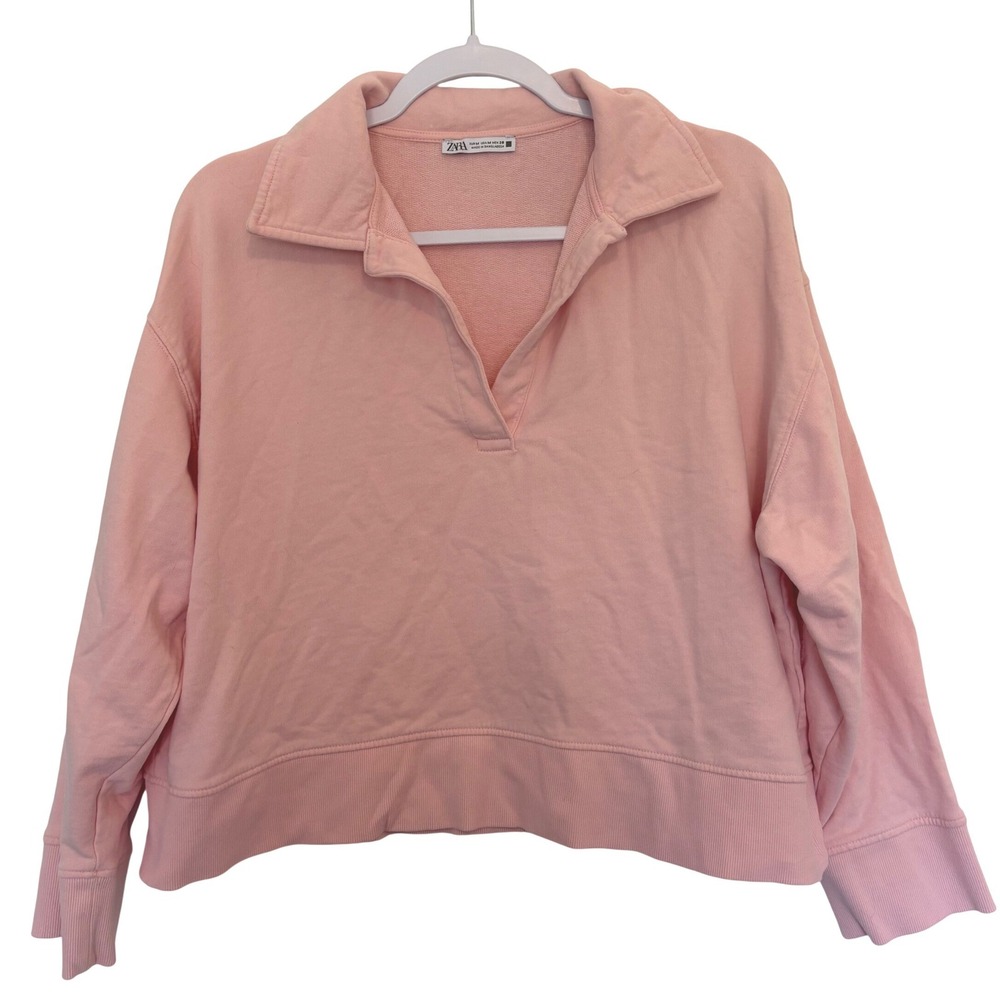 Zara Soft Pink Cropped Polo Sweatshirt M‎ Balletcore Coquette Ribbed Pullover